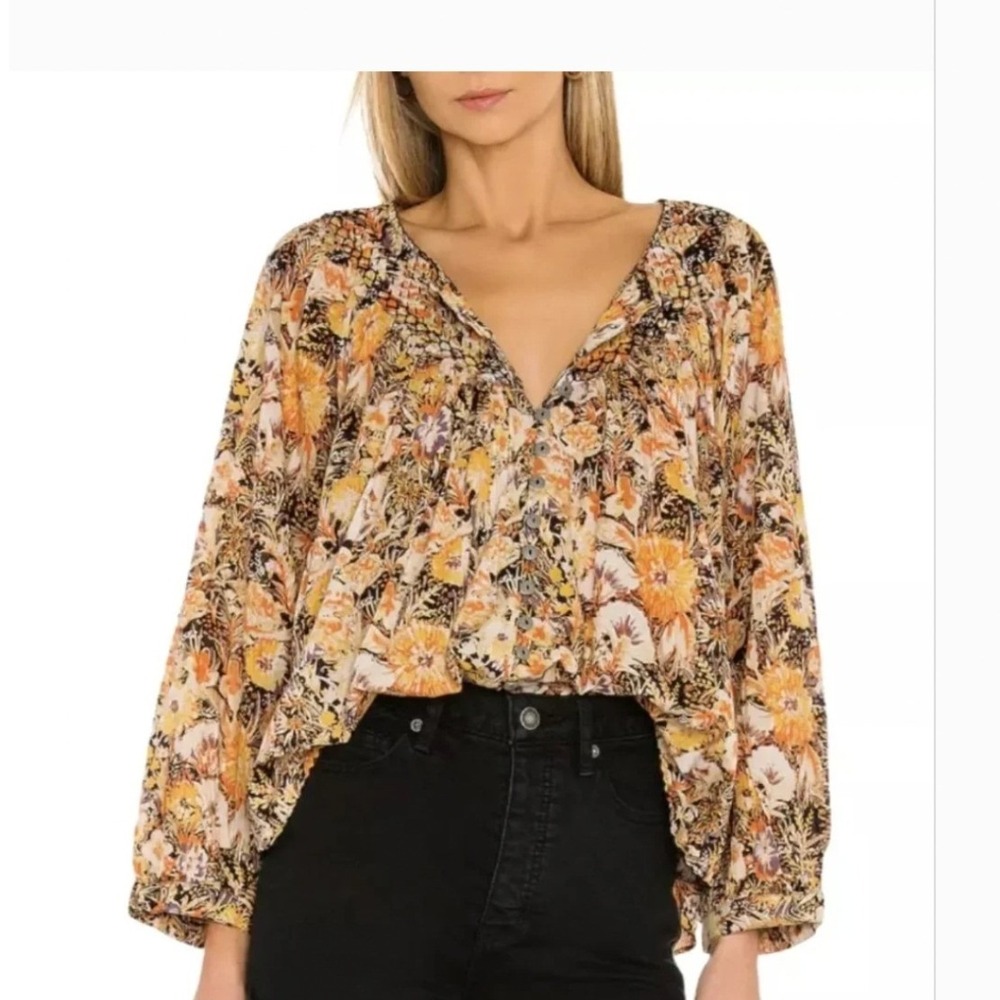 Free People We The Free Cool Meadow Printed Peasant Top Yellow Floral XS
